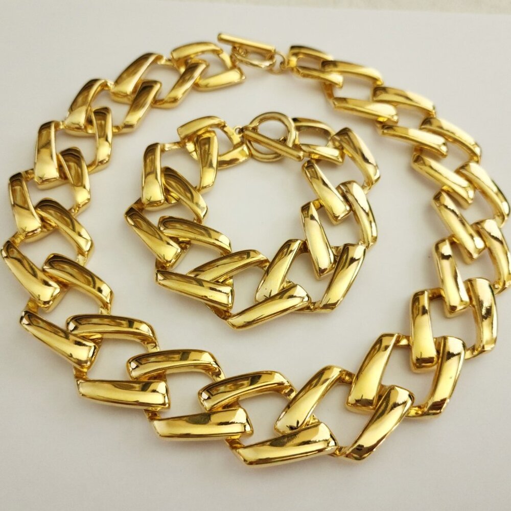 Vintage Statement Chunky Choker Necklace Bracelet Set Yellow Gold Tone Thick